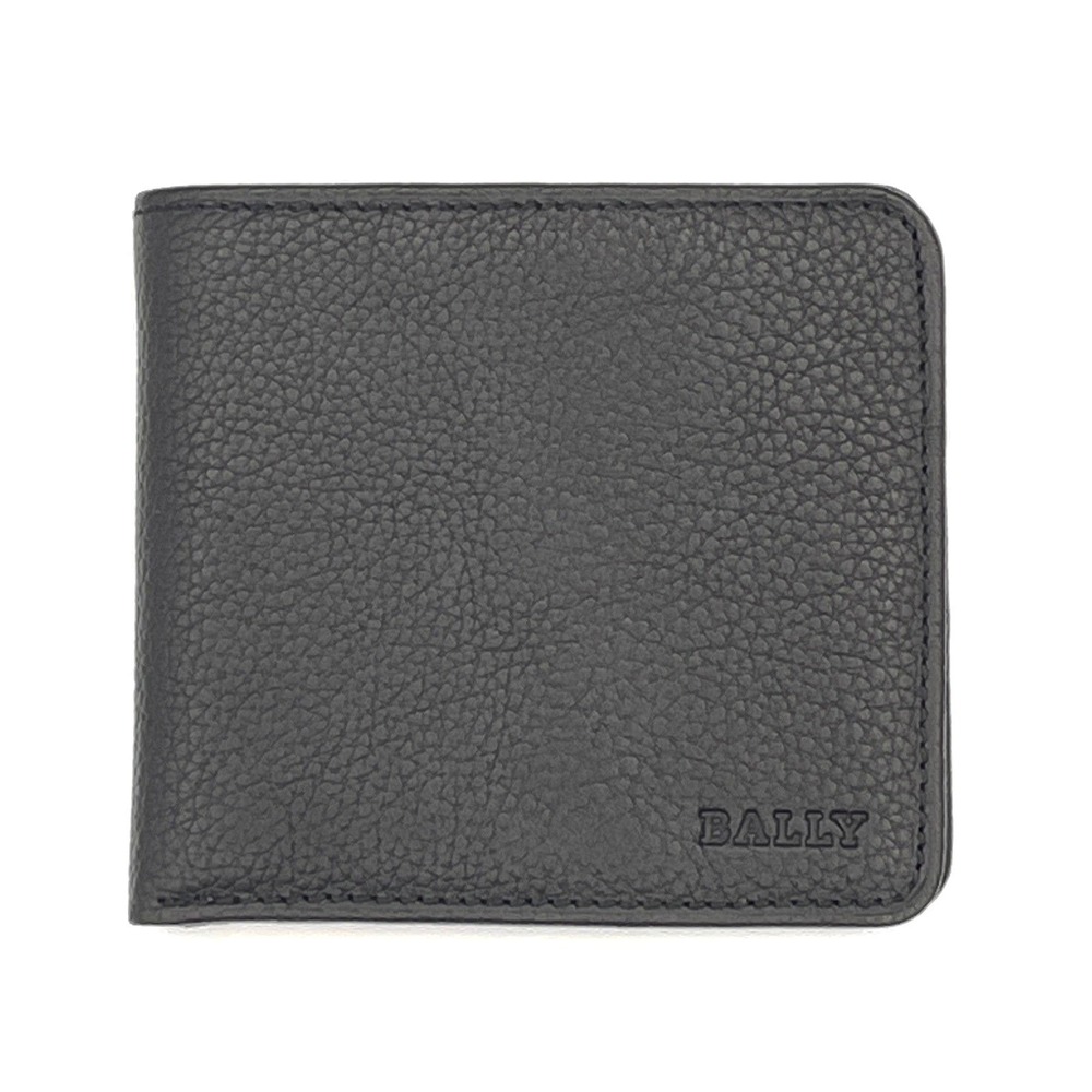 Bally Embossed Leather Mens Bi-Fold Wallet Black Top Grain Luxury